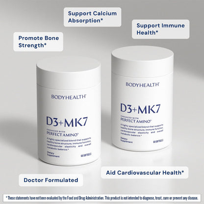 BodyHealth D3 + MK7 - Vitamin D3 5000IU, Vitamin K1, Vitamin K2 - Easy to Swallow Supplement, Supports Bone Strength & Calcium Absorbtion* - 60 Softgels