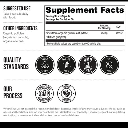 Organic Zinc 25 mg | Whole Food zinc Supplements | Derived from Organic Fruit, Elemental Zinc - Water Extracted, Vegan, GMO-Free - Essential Mineral, Antioxidant, Immune Support, Skin - 60 Servings