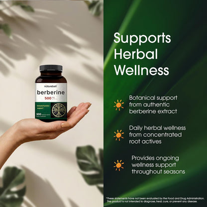 NatureBell Berberine 500mg - 300 Capsules - 97% Pure Berberine HCl - 5:1 Root Extract of Berberis Aristata - Antioxidant, Alkaloid & Adaptogenic Support*
