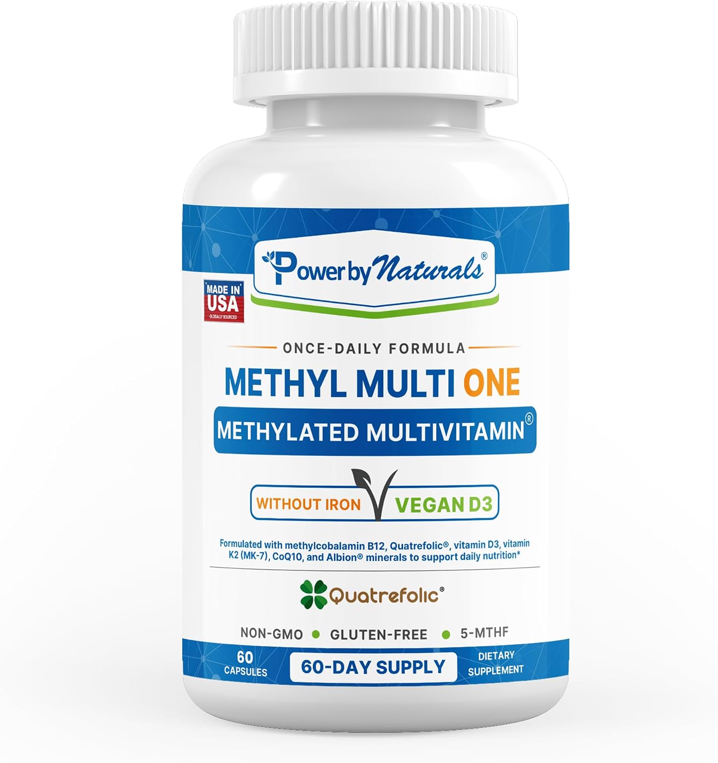 Power By Naturals Methyl Multi One – Iron-Free Methylated Multivitamin with 5-MTHF, Methyl B12 & CoQ10 – Methylation Support for Men & Women – Vegan, Non-GMO – 60 Capsules (2-Month Supply) | With 5-MTHF, Methyl B12 & CoQ10 - Methylation Daily Support for