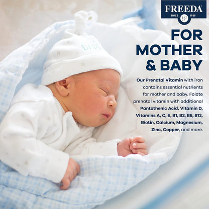 FREEDA Prenatal Vitamins for Pregnant Women – 100 Tablets | Supports Mother & Baby Nutrition – Includes Methylfolate, Calcium, & Essential Nutrients – Vegan, Kosher, Easy-to-Swallow