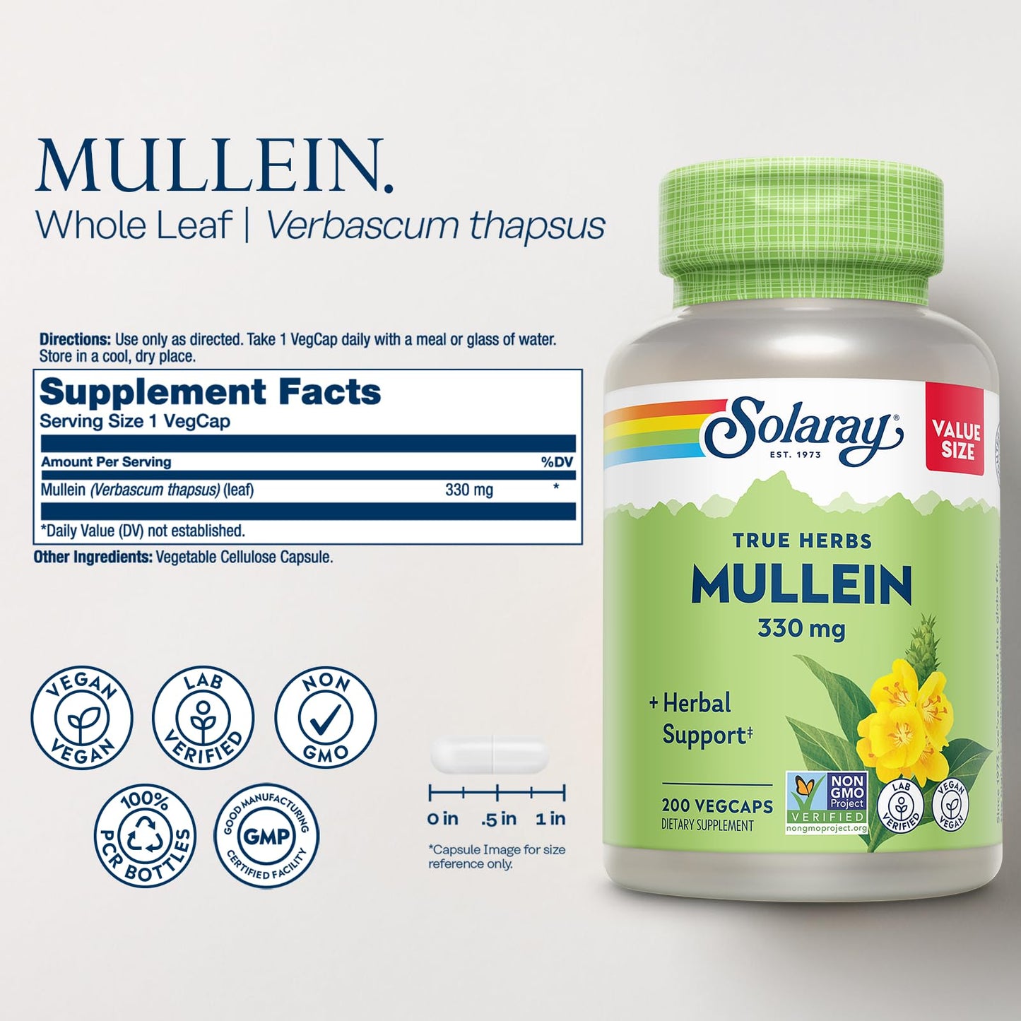 SOLARAY Mullein Leaf 330 mg - Soothing Herbal Support - Mullein Capsules Traditionally Used to Support Health and Wellness - Vegan, Non-GMO, Lab Verified, 60-Day Guarantee, 100 Servings, 100 VegCaps
