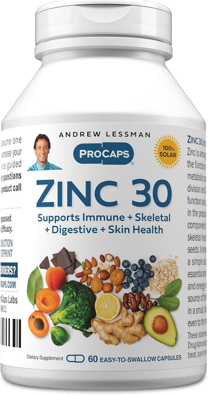Andrew Lessman ProCaps Zinc 30mg with L-Lysine 60 Capsules | Chelated Zinc Citrate for enhanced absorption with L-Lysine. Supports immune, skin & enzyme function.