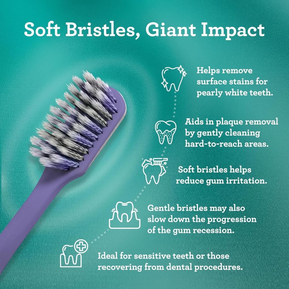 GuruNanda Gentle Giant Toothbrush with Dual Action Flossing Spiral Bristles, Non-Slip Ergo Dexa Grip, Helps in Teeth Whitening, BPA Free Manual Toothbrushes, Assorted Colors, 4 Count