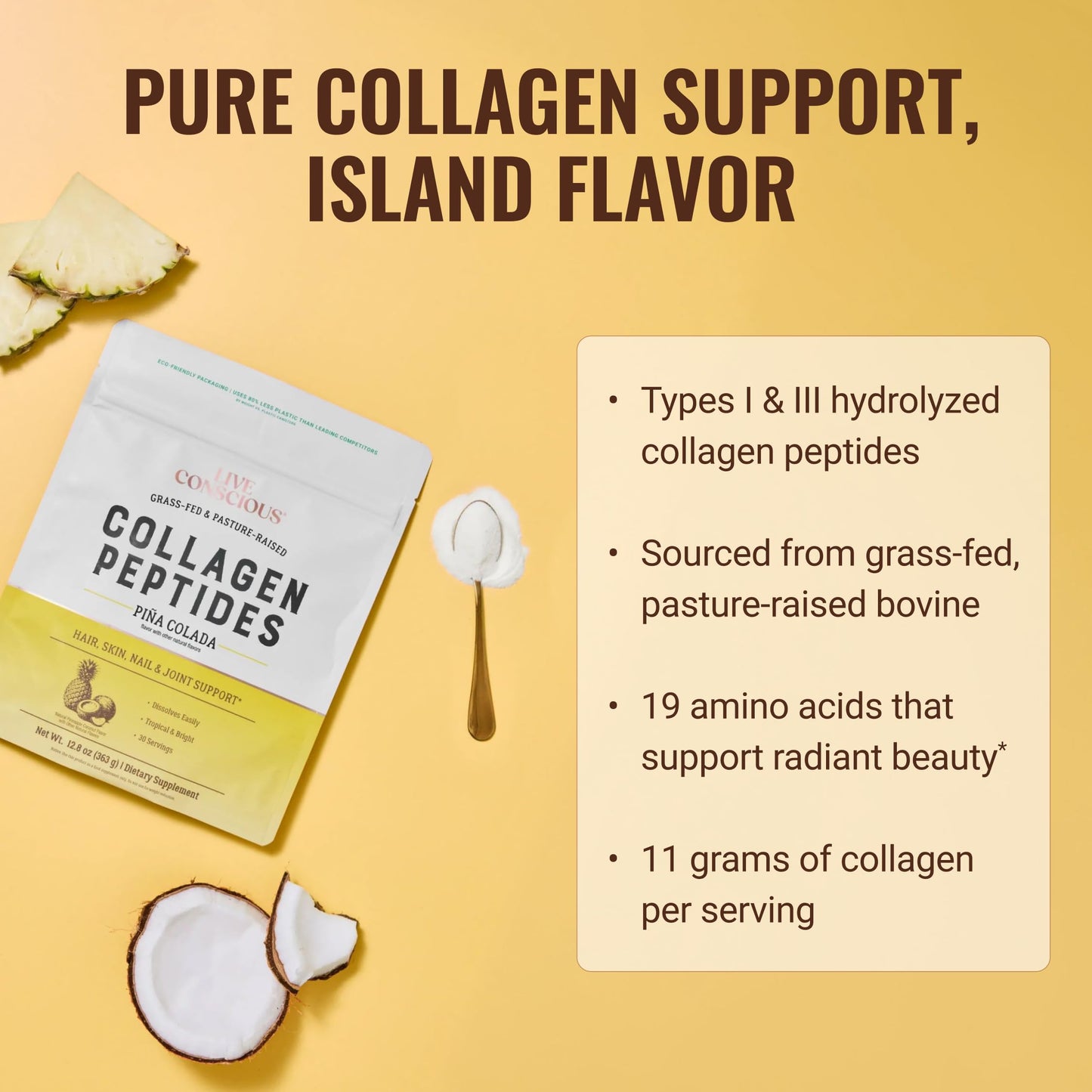 Live Conscious Collagen Peptides Powder - Naturally-Sourced Hydrolyzed Collagen Powder - Hair, Skin, Nail, and Joint Support - Type I & III Grass-Fed Collagen Supplements for Women and Men - 16oz