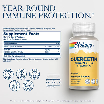 SOLARAY Quercetin Bromelain & Vitamin C, Immune System, Sinus, Respiratory & Antioxidant Activity Support, Vegan, 500mg of Quercetin & 1,235mg of VIT C, 60 Day Guarantee, 75 Servings, 150 VegCaps