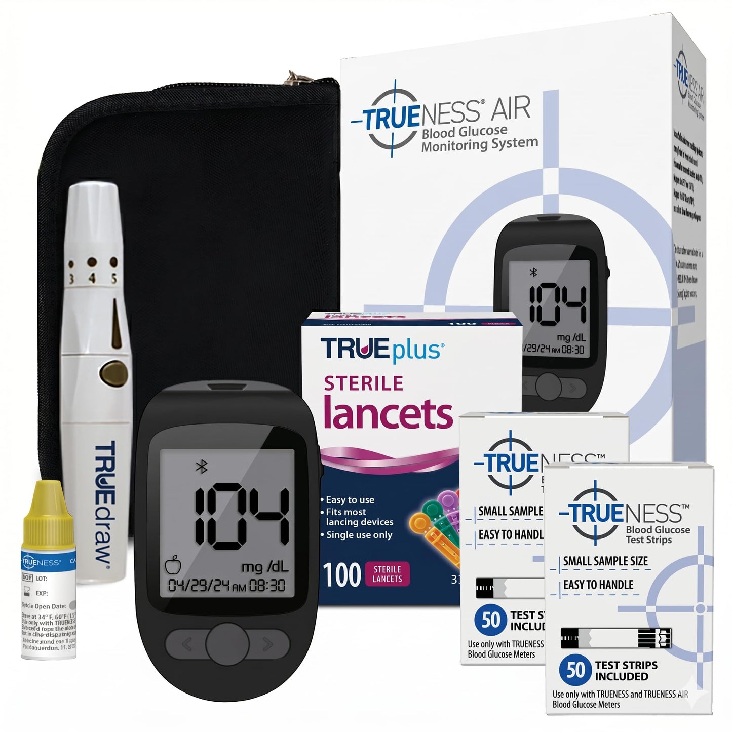 TRUENESS Blood Glucose Meter Kit with Testing Supplies | Includes Blood Glucose Monitor, Case, 100 Test Strips, 100 Lancets, Lancing Device - Fast, Easy Testing Supplies for Home Use