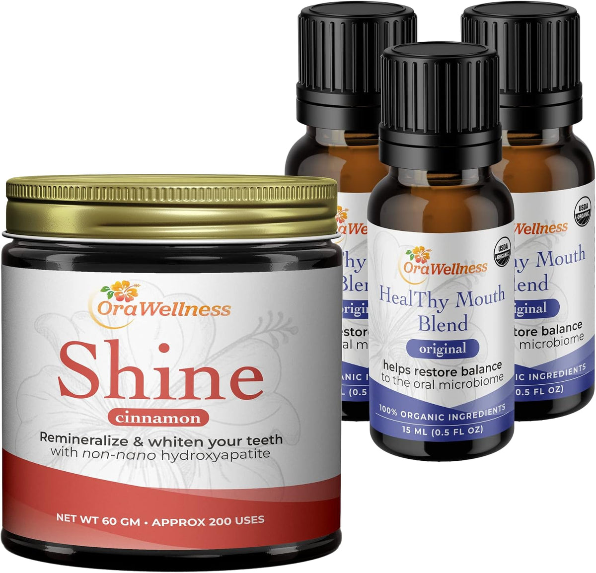 OraWellness Shine Remineralizing Natural Teeth Whitening Powder in Cinnamon + Pack of 3 Healthy Mouth Blend Organic Toothpaste & Mouthwash Alternative Tooth Oil