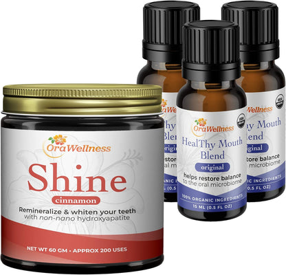 OraWellness Shine Remineralizing Natural Teeth Whitening Powder in Cinnamon + Pack of 3 Healthy Mouth Blend Organic Toothpaste & Mouthwash Alternative Tooth Oil