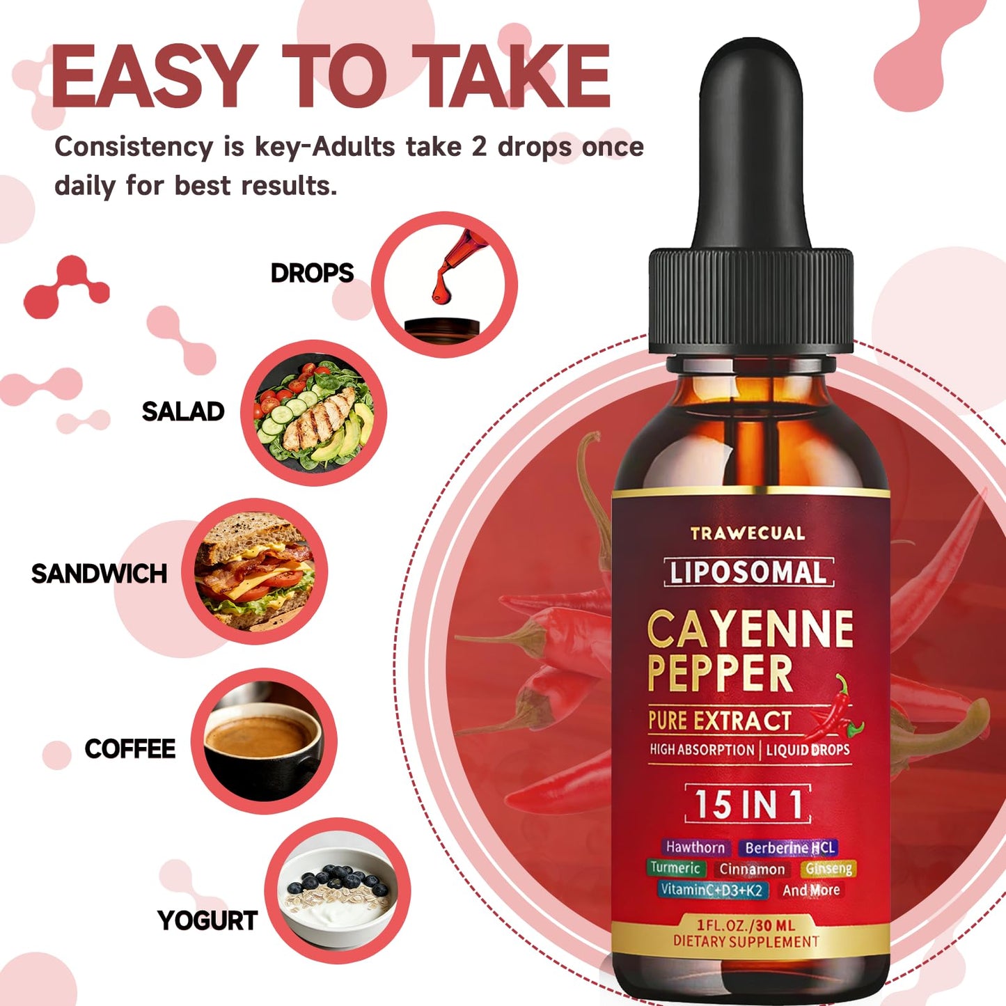 15 in1 Liposomal Cayenne Pepper Liquid Drops Supplement, with Vitamin D3 K2, Hawthorn, Berberine HCL, Beet Root, Turmeric, Cinnamon, Digestion, Circulatory Heath Support- 2 Fl Oz for 30 Days