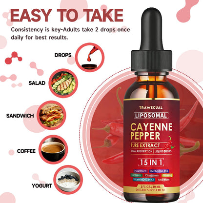 15 in1 Liposomal Cayenne Pepper Liquid Drops Supplement, with Vitamin D3 K2, Hawthorn, Berberine HCL, Beet Root, Turmeric, Cinnamon, Digestion, Circulatory Heath Support- 2 Fl Oz for 30 Days