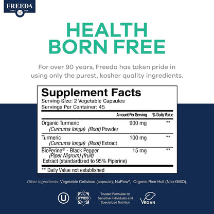 FREEDA Turmeric Curcumin Supplement 1000mg with Black Pepper - 90 Caps | Vegan Turmeric Curcumin Supplement with Organic Turmeric Root, Curcumin Extract & Black Pepper for Daily Mobility