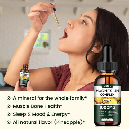 Triple Magnesium Complex Supplement, Magnesium Glycinate, Blend, Citrate Liquid Drops 1000mg with Ashwagandha, CoQ10, Vitamin B6, C, D, Zinc -Support Calm Stress Relief, Bone, Muscle, Mood Vegan