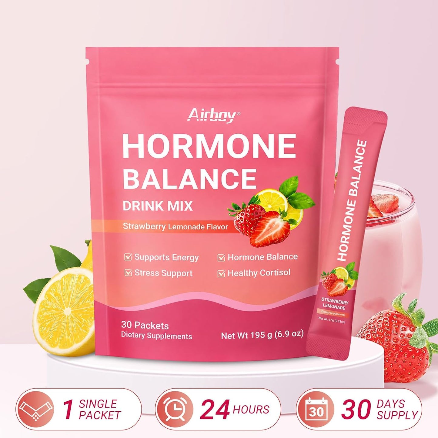 Hormone Balance for Women, Female Hormonal Support Drink Mix with Myo-inositol, Magnesium, Rhodiola Rosea, Vitamin C, Cortisol Supplement for Women, Vegan, Sugar-Free, Non-GMO, 30 Stick Packs