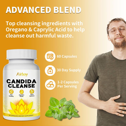 Airboy Candi Support,Gut Colon Cleanse Detox for Women & Men,Candi Support with Oregano Leaf, Caprylic Acid，Wormwood, Black Walnut-60 Counts x 2 Pack