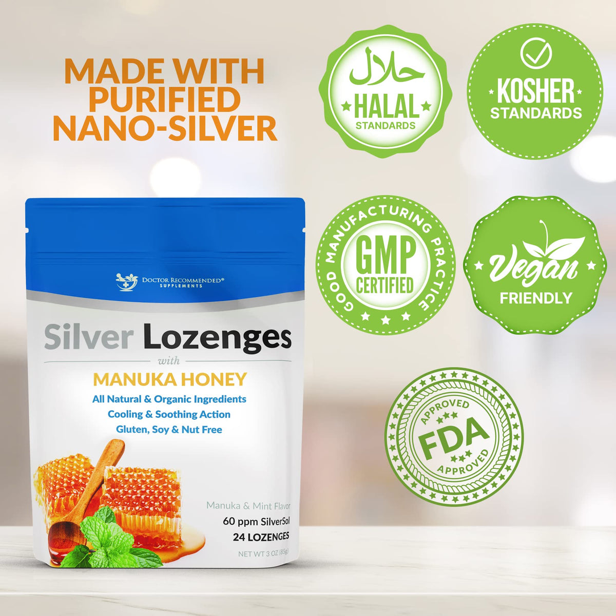 Silver Lozenges with Organic Manuka Honey and Vitamin C - All-Natural Nano Silver 45-50mcg of 60 PPM Colloidal Silver Mineral Drops to Support Immune System, Soothe, Cool Cough & Throat, 24-Lozenges