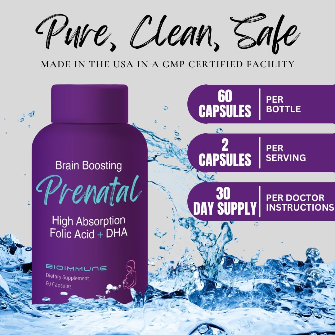 BioImmune Ultra Strength Bio-Available Prenatal Vitamins for Women, Naturally Occurring Methylated Folate Folic Acid, DHA Omega 3. Supports Brain Development, Healthy Fetal Development