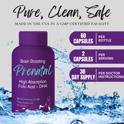BioImmune Ultra Strength Bio-Available Prenatal Vitamins for Women, Naturally Occurring Methylated Folate Folic Acid, DHA Omega 3. Supports Brain Development, Healthy Fetal Development