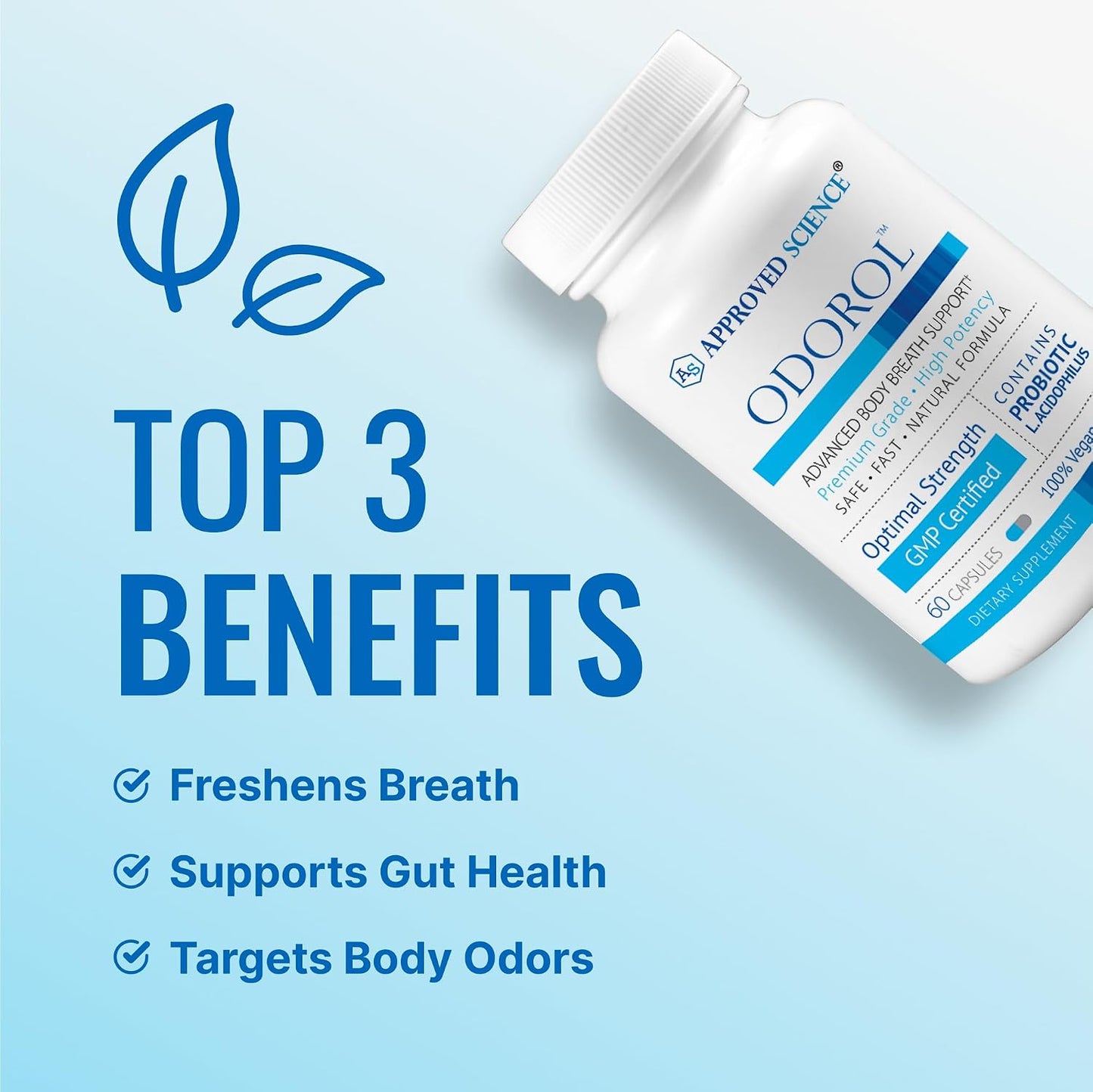 Approved Science Odorol - 60 Capsules - Freshen Bad Breath and Body Odor - Contains L.acidophilus, Green Tea, Magnolia Bark, Peppermint Oil, and Fennel - All Natural, Vegan Friendly, Non-GMO