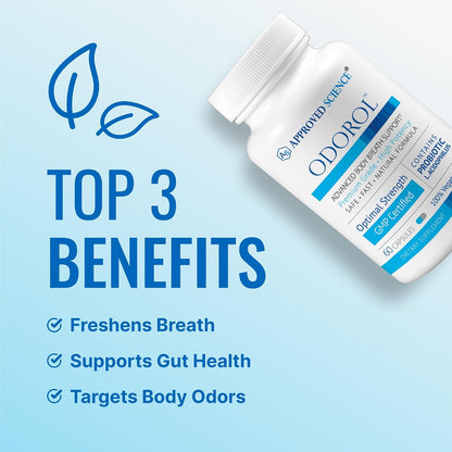 Approved Science Odorol - 60 Capsules - Freshen Bad Breath and Body Odor - Contains L.acidophilus, Green Tea, Magnolia Bark, Peppermint Oil, and Fennel - All Natural, Vegan Friendly, Non-GMO