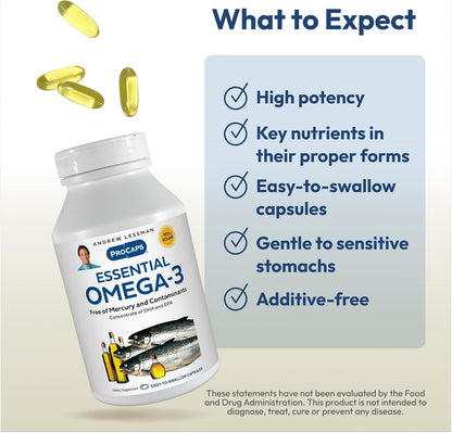 ANDREW LESSMAN Essential Omega-3 Fish Oil, High DHA Formula, 180 Softgels | Ultra-pure Omega-3 fish oil in its natural triglyceride form to support heart, brain and eye health.