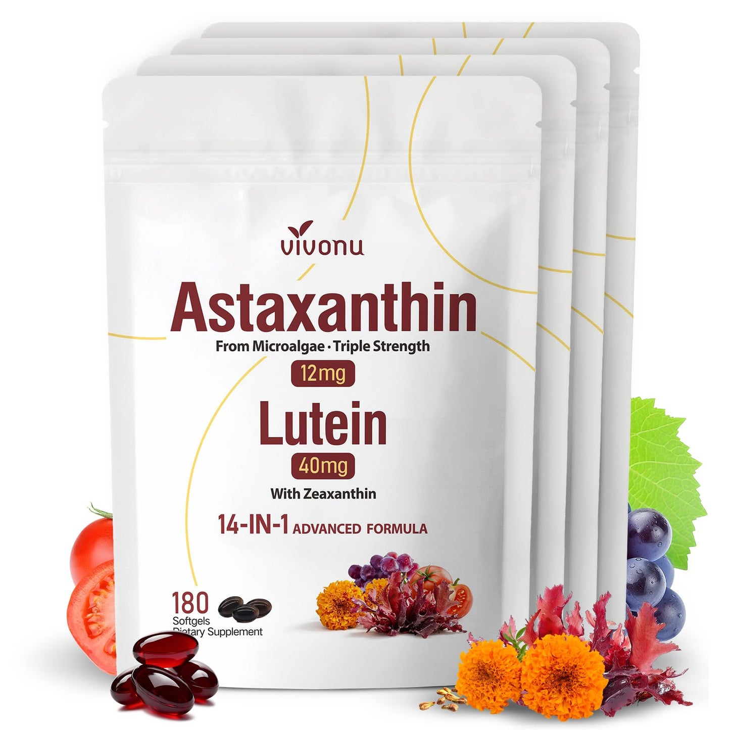 14-in-1 Astaxanthin 12mg & Lutein 40mg with Zeaxanthin Supplements, 6 Month Supply, Fresh Microalgae Source, Supports Eye, Skin, Antioxidant, Joint, Circulatory Health Non-GMO Gluten Free 180 Softgels