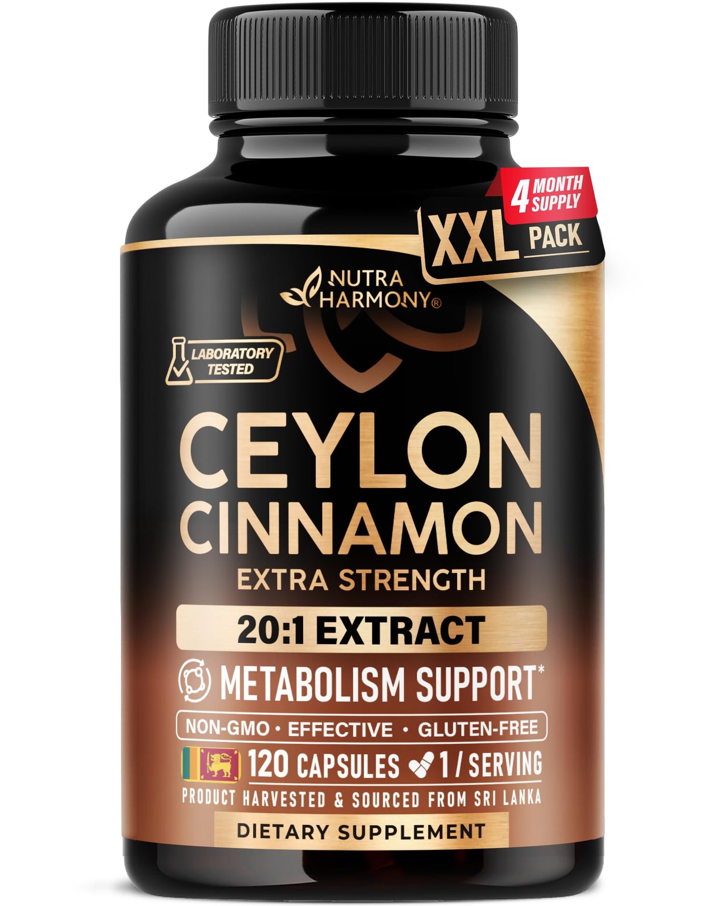 Ceylon Cinnamon Capsules - Extra Strength - Energy Heart & Metabolism Support for Men & Women - Pure Natural Cinnamon 20:1 Extract Supplement - GMO & Gluten Free - Lab Tested - 60 Capsules 2 Month
