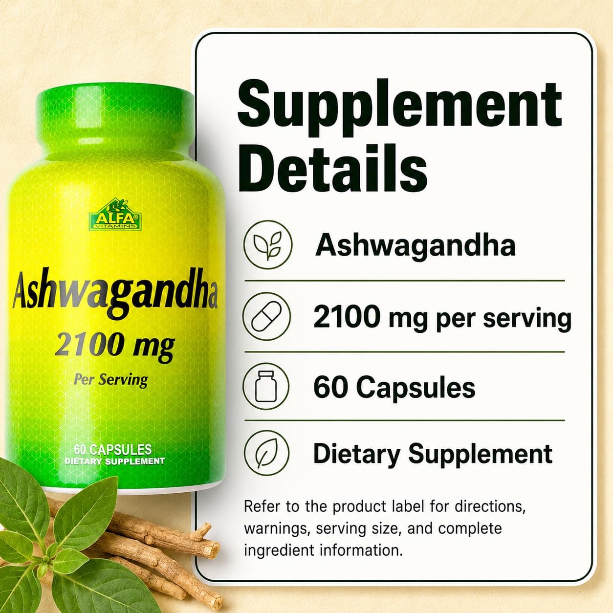 ALFA VITAMINS Ashwagandha Vitamin Supplement, 2,100 mg Pure Ashwagandha Root Powder & Extract, Supports Digestion, Immune System, Joint, Heart & Muscle Health, Gluten Free, Non GMO, 90 Capsules