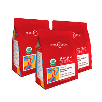 Brain Bean Organic Coffee – USDA Certified Organic Whole Bean Medium Roast – Premium Specialty Coffee – Fresh Roasted for Rich Aroma & Smooth Balanced Flavor – 16 oz
