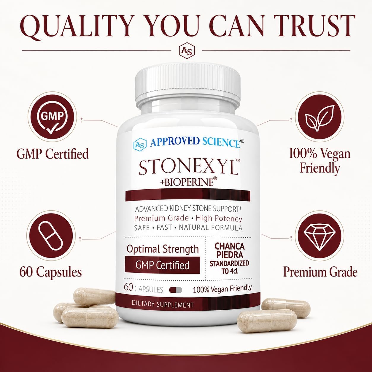 Approved Science Stonexyl - Herbal Support for Kidney Stones - 60 Capsules - Chanca Piedra - High Absorption -1 Month Supply - Vegan
