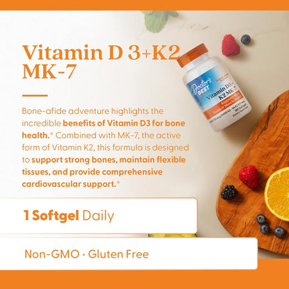 Doctor's Best Vitamin D3 and K2 Supplement for Men & Women - Vitamin D3 5000 IU + K2 as MK-7, Bone Health Support, Gluten Free, Non GMO, Vegetarian Capsules - 60 Veg Caps