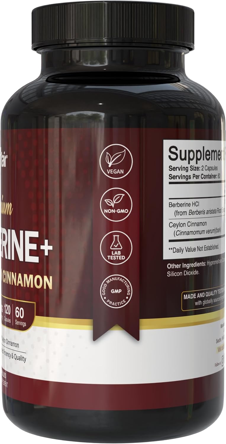 NutriFlair Berberine HCl 1200mg, 120 Capsules - Plus Ceylon Cinnamon, Berberine HCI Root Supplements Pills - Made in USA