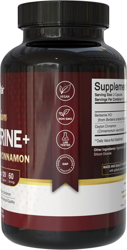 NutriFlair Berberine HCl 1200mg, 120 Capsules - Plus Ceylon Cinnamon, Berberine HCI Root Supplements Pills - Made in USA