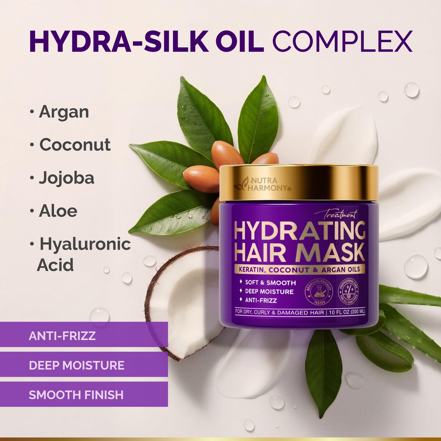 Hydrating Hair Mask - Deep Conditioning Treatment for Dry, Frizzy & Damaged Hair - Keratin Mask with Coconut & Argan Oils, Collagen & Wheat Protein - Smooths, Softens & Controls Frizz, Curl-Safe, 10oz