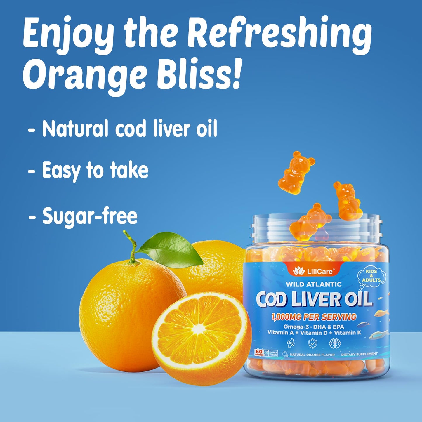 Cod Liver Oil Gummies 1000mg for Kids & Adults - w/Omega 3 (EPA & DHA), Vitamins A, D3 & K2 - Cod Liver Oil Omega 3 Gummies for Immune, Brain & Cognitive Support, SugarFree, Orange Flavor, 120Cts
