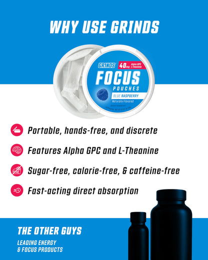 GRINDS Focus Pouches | Naturally Flavored with Nootropic Ingredients | Contains Alpha GPC and L-Theanine | Sugar-Free | 3 Pack | 18 Pouches Per Can | Blue Raspberry