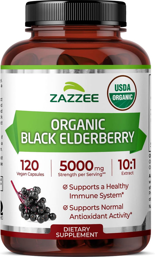 Zazzee USDA Organic Black Elderberry 10:1 Extract, 120 Vegan Capsules, 2 Month Supply, Sambucus Nigra, Antioxidant & Immune Support, Concentrated 10X Extract, All-Natural, Non-GMO, Made in the USA