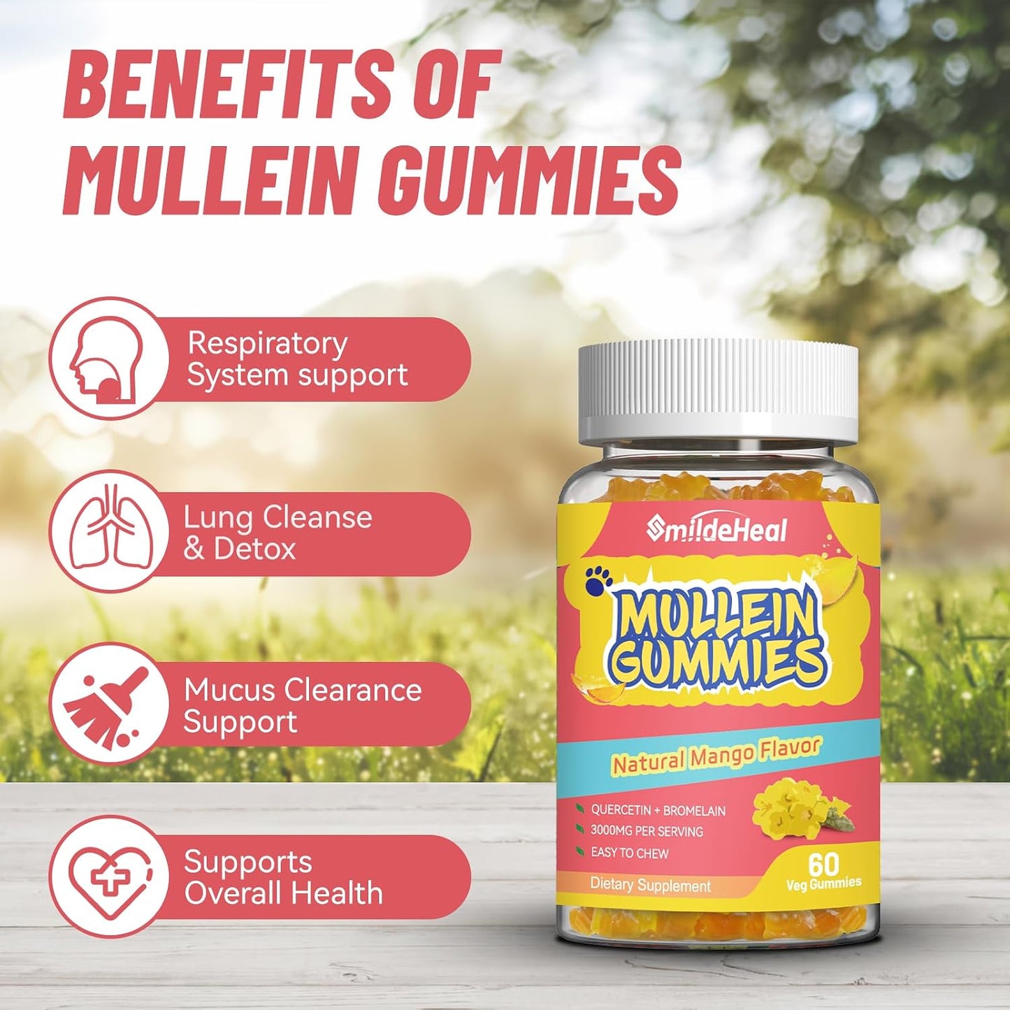 3000MG Mullein Gummies, Mullein Leaf Extract for Lungs, 60 Count | Sugar Free Mullein Gummies with Bromelain & Quercetin, Vegan