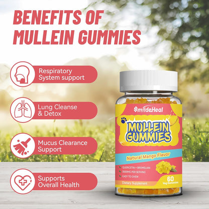 3000MG Mullein Gummies, Mullein Leaf Extract for Lungs, 60 Count | Sugar Free Mullein Gummies with Bromelain & Quercetin, Vegan