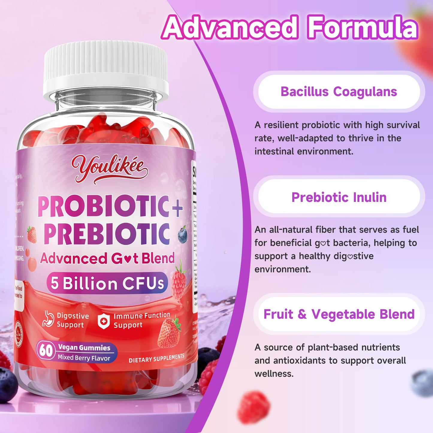 2 Pack Prebiotic + Probiotic Gummies, 5 Billion CFUs with Fibers | Probiotic Gummies for Gut Health Support, Vegan, Sugar-Free, 120 Count