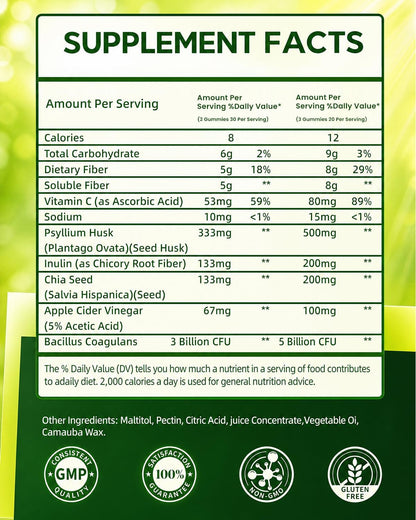 Probiotic Fiber Gummies, Fiber Supplement with 5 Billion CFU Probiotics for Women, Probiotic Gummies with Inulin, Soluble Fiber, ACV & Vitamins, Digestive Health Supplement for Adults, 60 Gummies