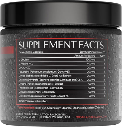 Formulation Factory Heart of Steel Nitric Oxide Supplements for Men & Women, Nitric Oxide Booster for Blood Flow & Circulation with L-Citrulline 1000mg, L-Arginine, CoQ10 & Resveratrol - 120 Capsules