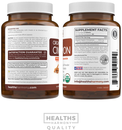 USDA Organic Ceylon Cinnamon Pills - High Potency Ceylon Cinnamon Supplement with 1000mg per Serving for Full Body Antioxidant Support - Vegan Non-GMO cGMP Made & Lab Verified (2 Months Supply)