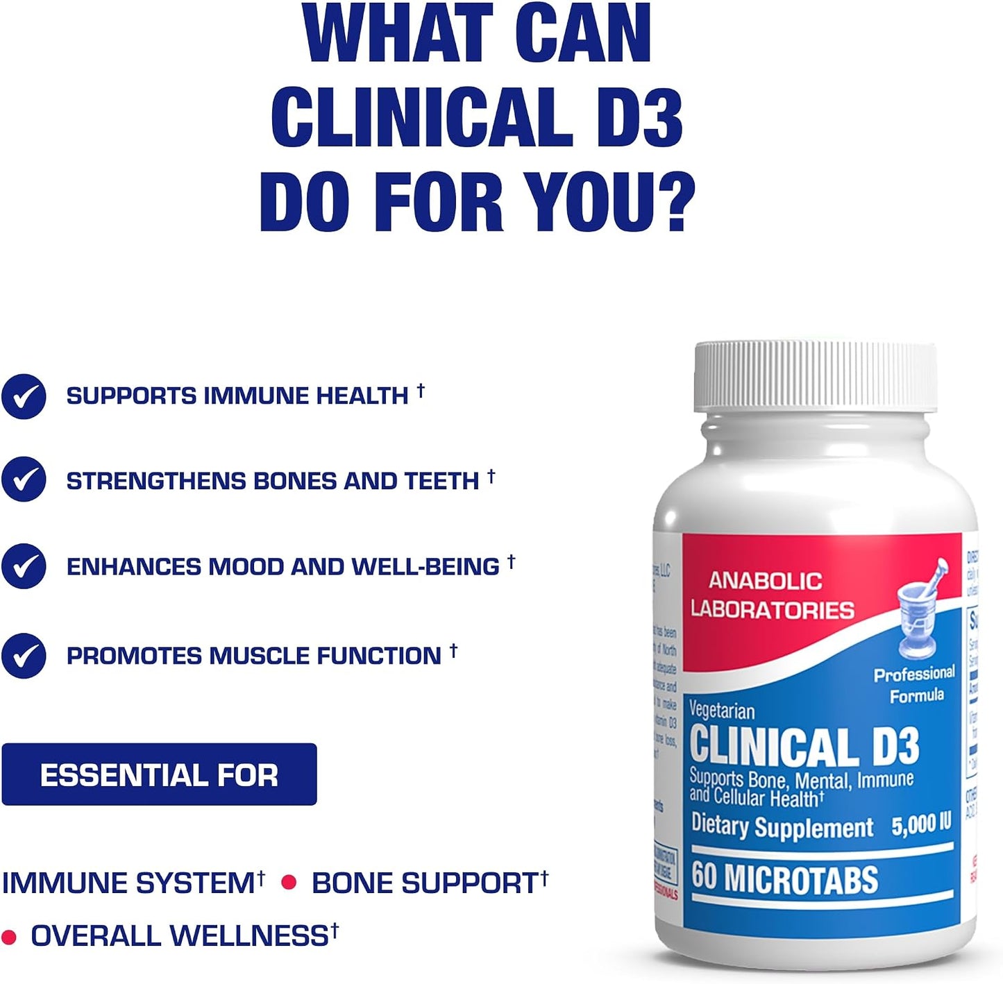 High Strength Vitamin D3 5000 IU - Clinical Formula Vitamin D Supplement for Men and Women for Bone Teeth Muscle Mood and Immune Support - High Absorption Vegetarian Microtabs (60 Day Supply)