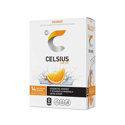 CELSIUS On-the-Go Powder Stick Zero Sugar, Orange, 2.6 Oz (14 Sticks per Pack)