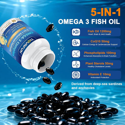 Omega 3 Fish Oil Supplements 1200mg - 984mg Omega-3 with CoQ10, Phospholipids & Plant Sterols - Heart & Brain Support for Men & Women - 60 Mini Softgels