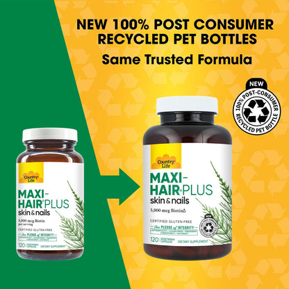 Country Life Maxi-Hair Plus Hair Skin & Nails Vitamin, 5,000 mcg Biotin, 120 Vegetarian Capsules, Gluten Free