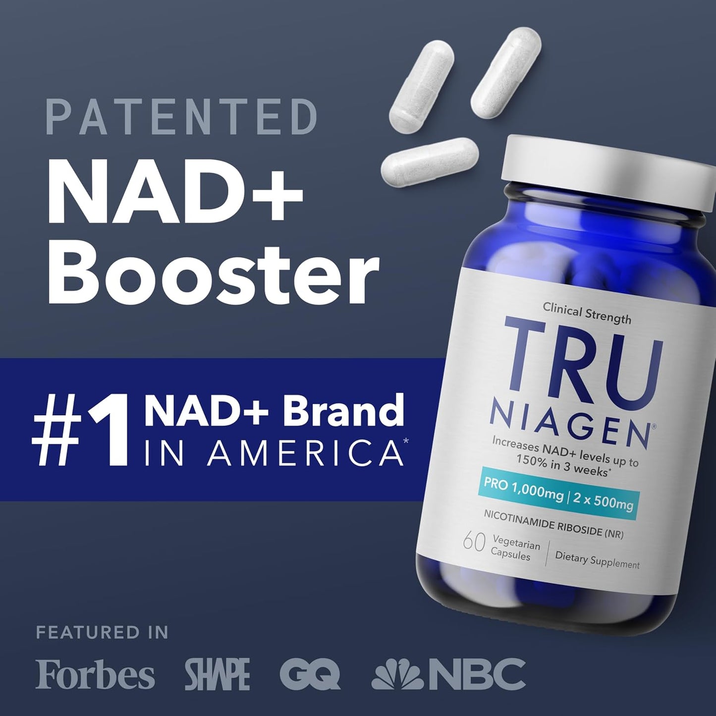 TRU NIAGEN Patented NAD+ Supplement | Nicotinamide Riboside (NR) | 30-1000mg Servings (2x500mg, Take 2 Daily)