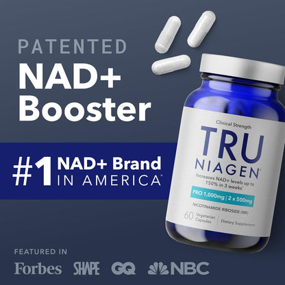 TRU NIAGEN Patented NAD+ Supplement | Nicotinamide Riboside (NR) | 30-1000mg Servings (2x500mg, Take 2 Daily)