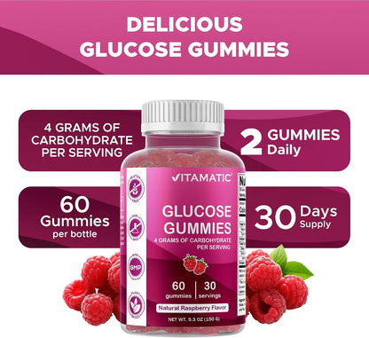 Vitamatic Glucose chewable Gummies - 60 Count - Natural Raspberry Flavor - 4G of Carbohydrate per Serving (1 Bottle) | 4 g Carbohydrates per Serving, Pectin-Based, Gluten Free, Non GMO